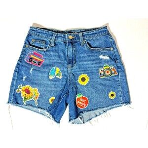 Women Blue Denim Jean Shorts Reworked Patched Cut Off  Relaxed Mid Rise Sz 2/26